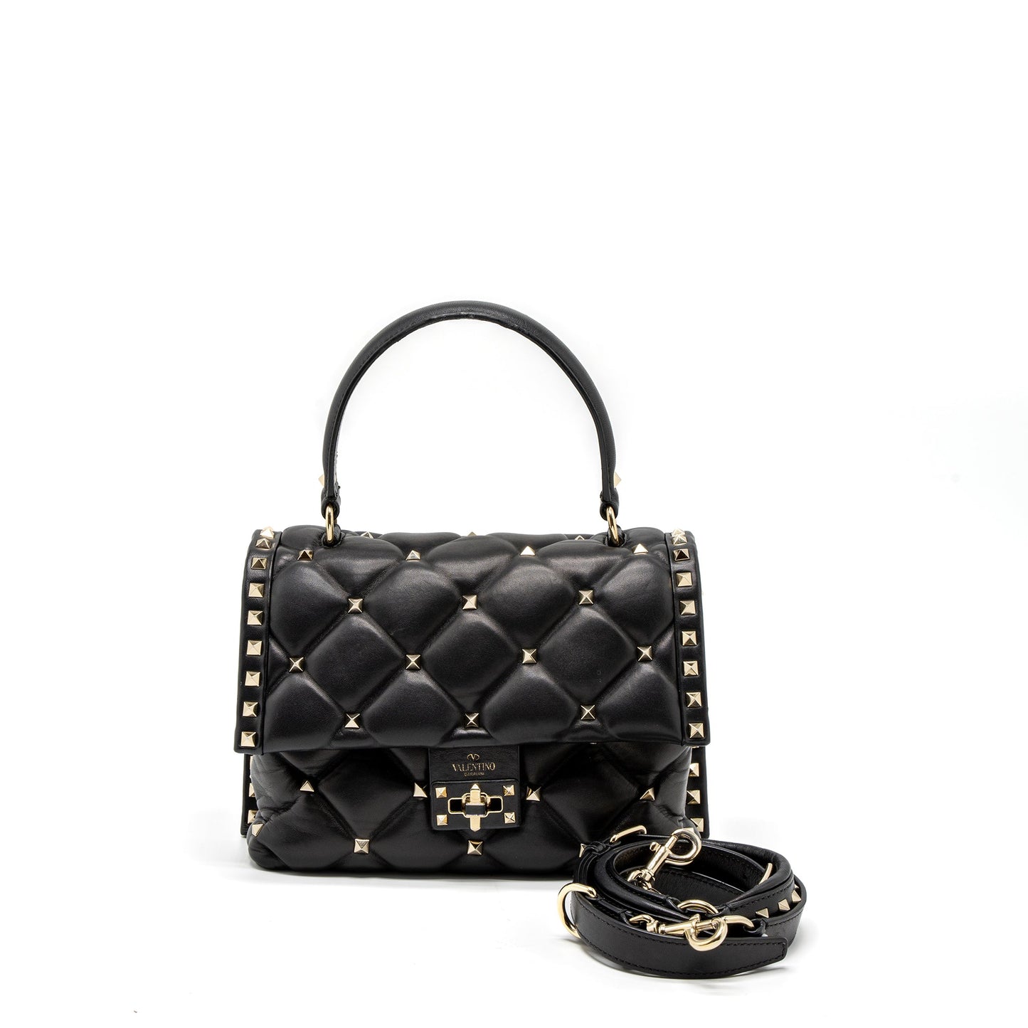 Valentino Top Handle Quilted Candystud Flap Purse Lambskin Black