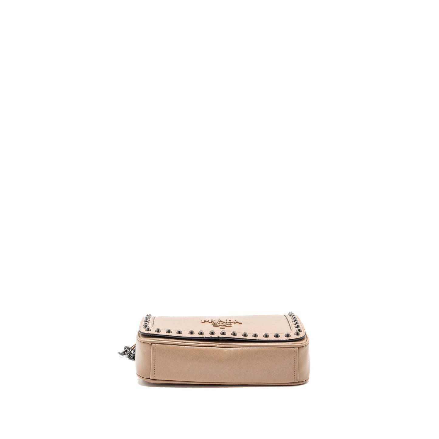 Prada Pattina Glace Studded Purse Calfskin Beige /Black Hardware