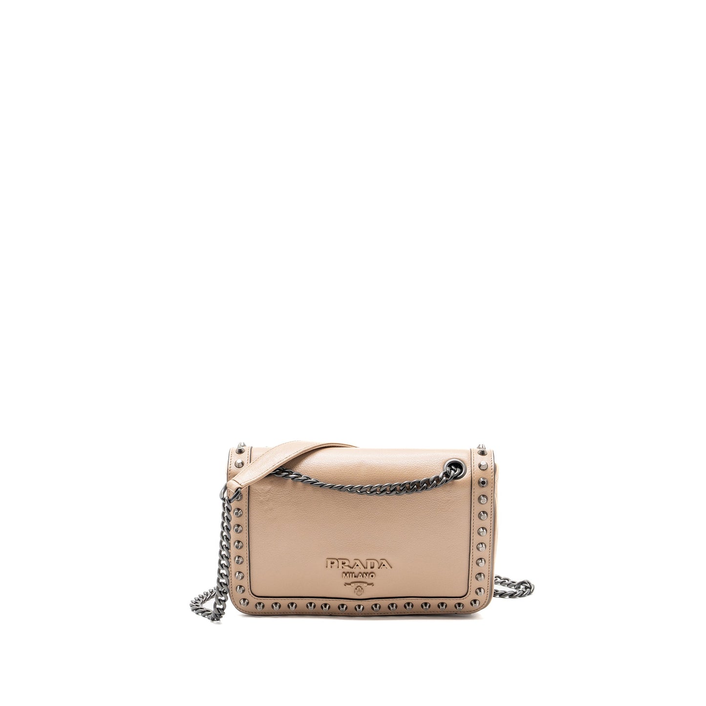 Prada Pattina Glace Studded Purse Calfskin Beige /Black Hardware