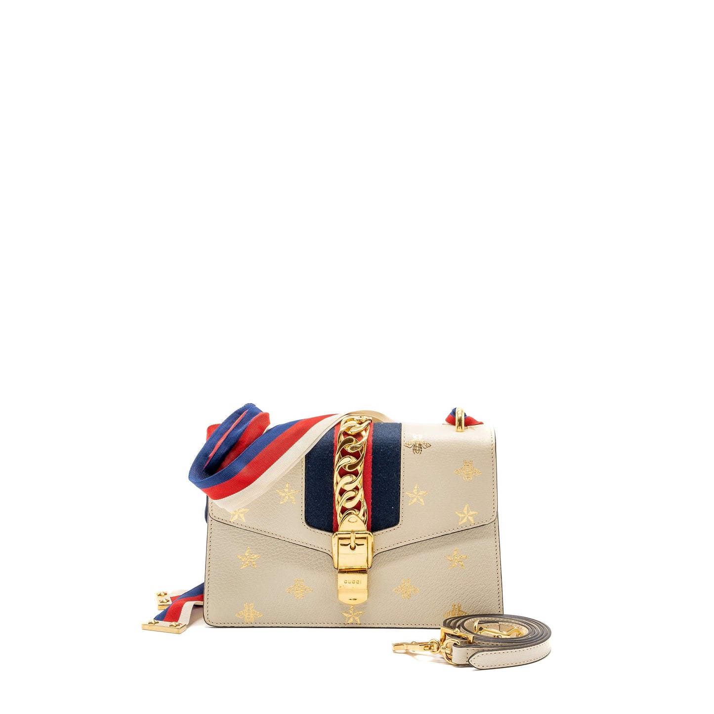 Gucci Small Sylvia Purse Bee and Star Printed Calfskin White