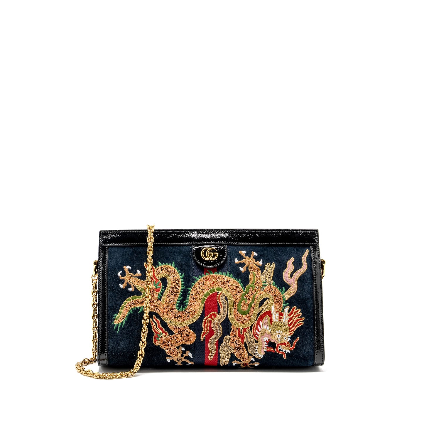 Gucci Ophidia Chain Purse Dragon Embroidered Suede Blue/Black/Multicolour