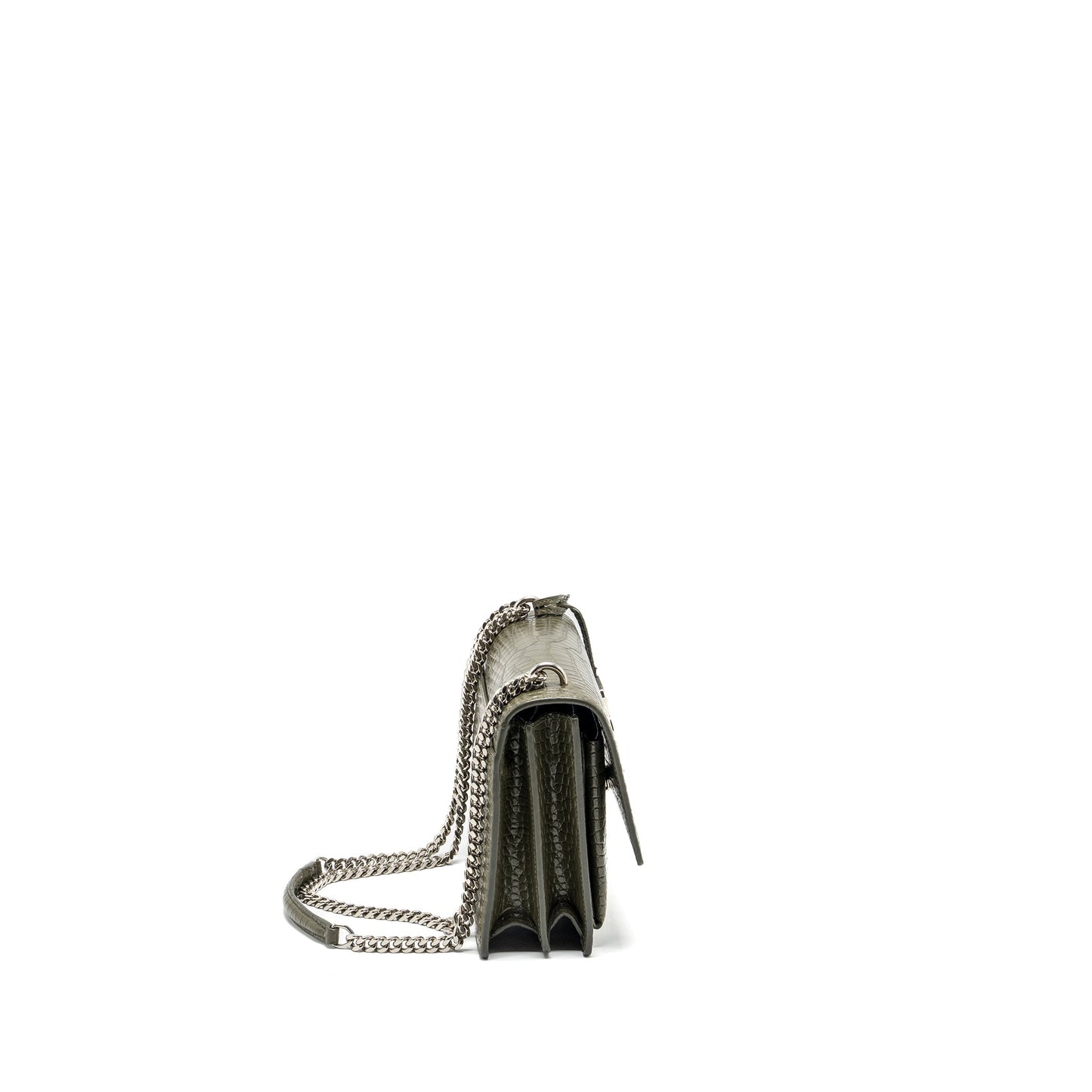Saint Laurent/ Sunset Purse Crocodile-Embossed Calfskin Khaki