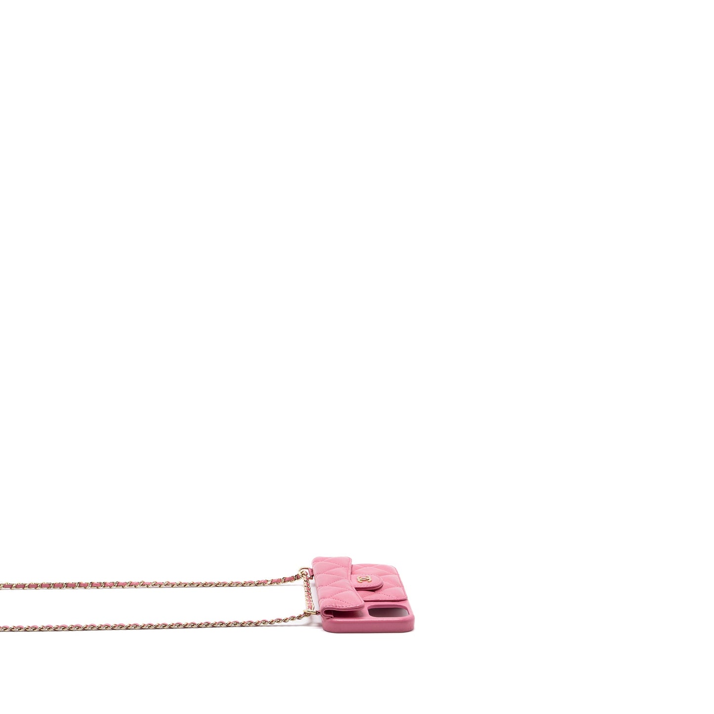 Chanel 21P pearl crush phone case with chain for iPhone 12 lambskin pink LGHW