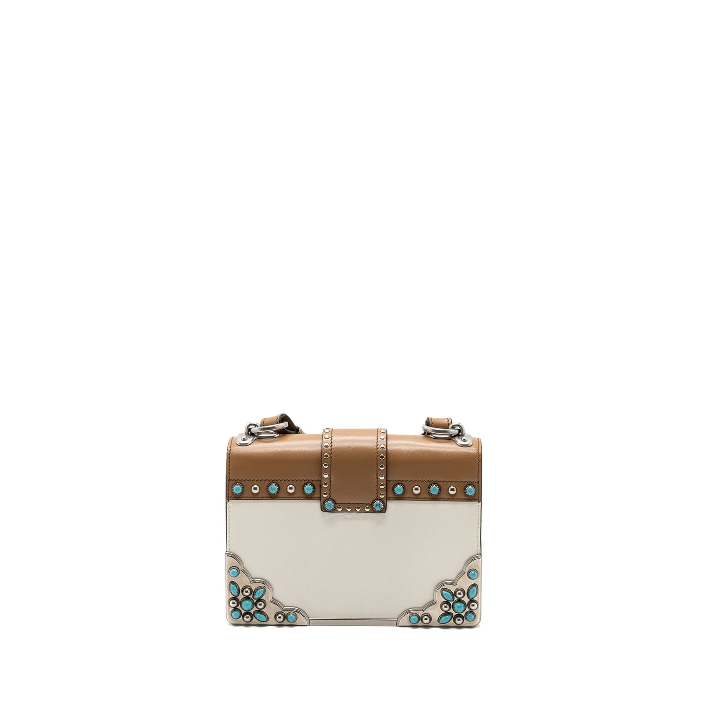 Prada Cahier Embellished Two-tone Leather Mini Purse White / Caramel