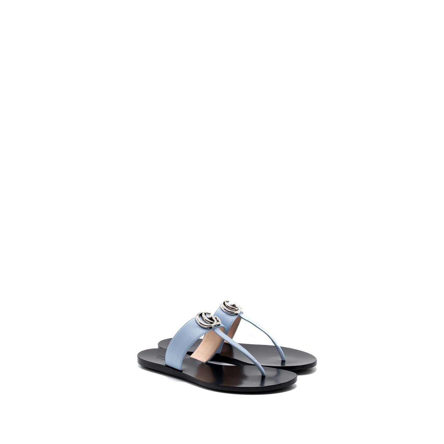Gucci Size 37 Leather Thong Sandal With Double G Leather Light Blue