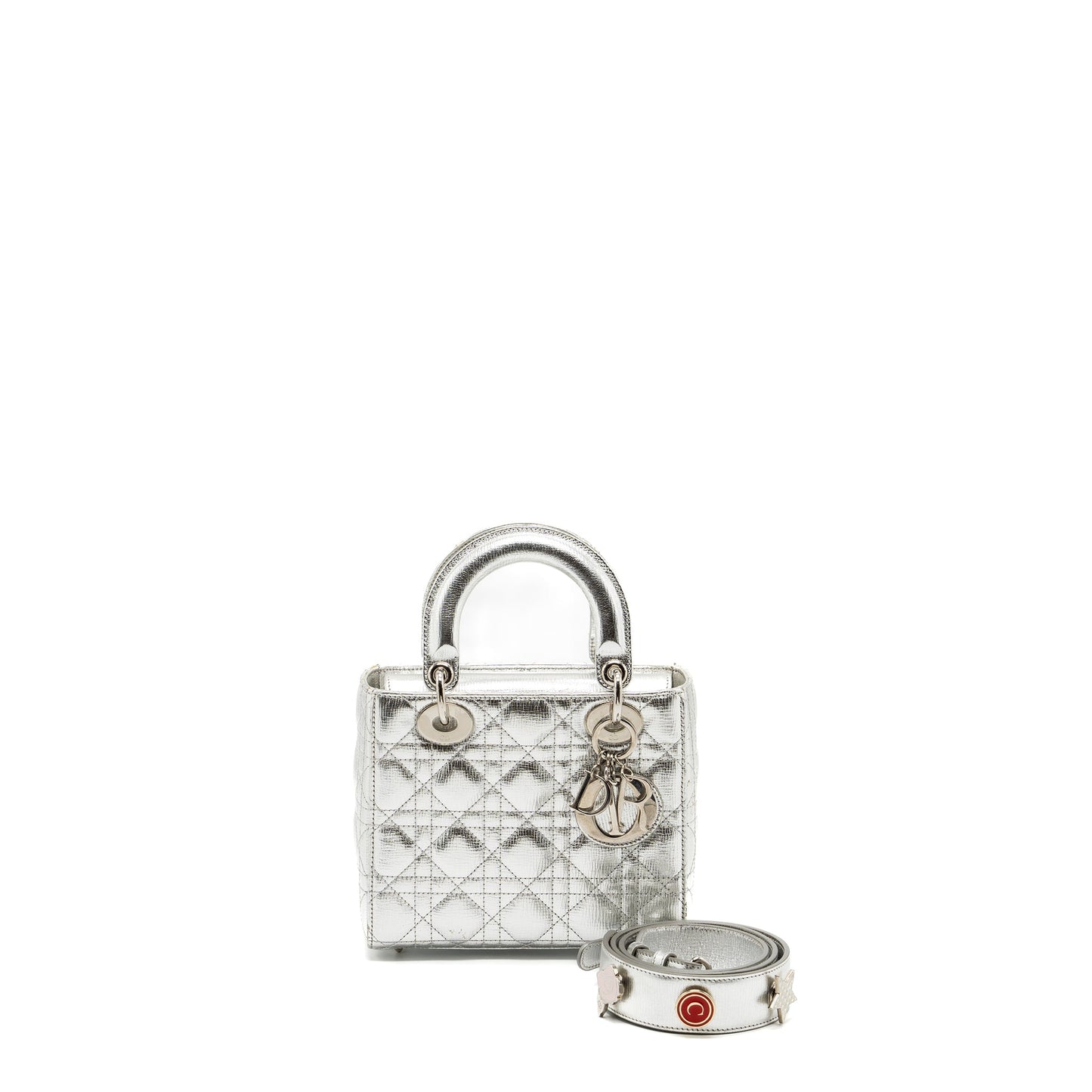 Dior small my lady dior cannage calfskin metallic silver