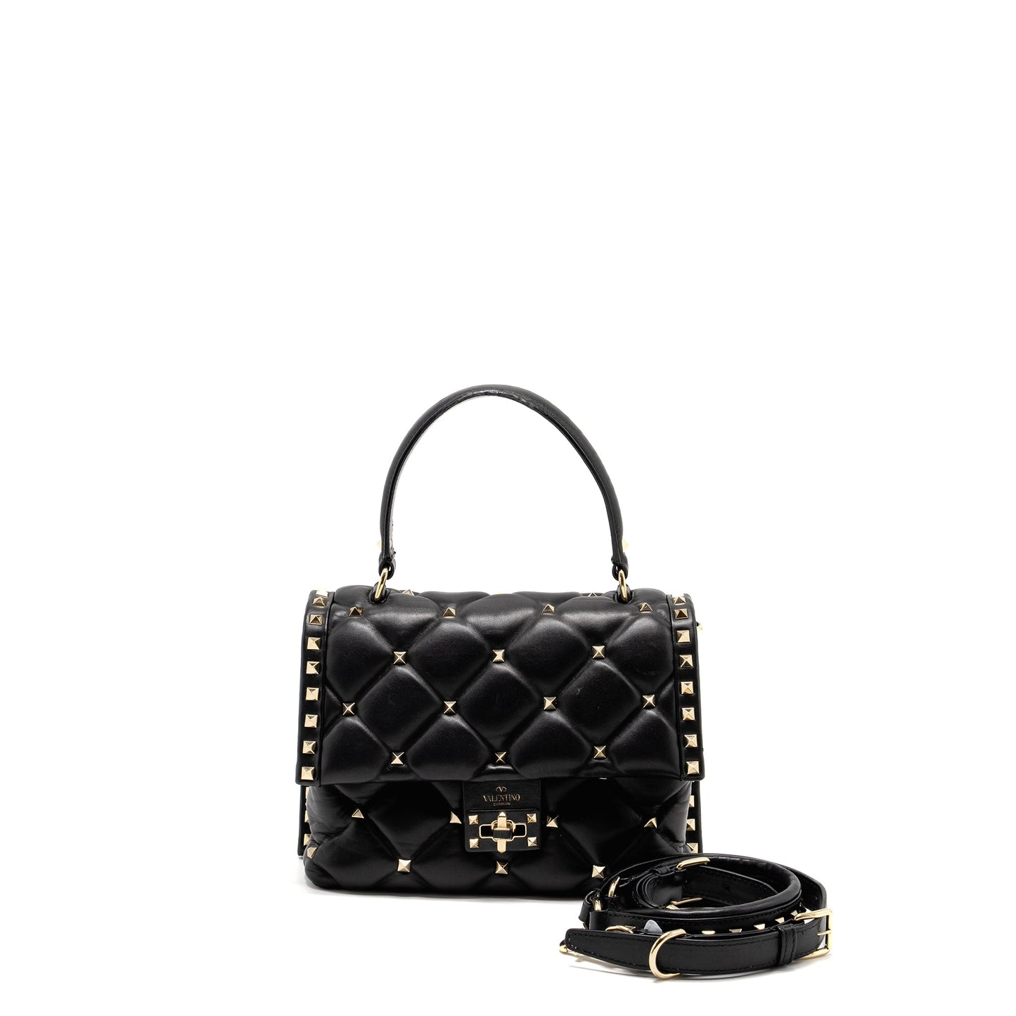 Valentino Top Handle Quilted Candystud Flap Purse Lambskin Black
