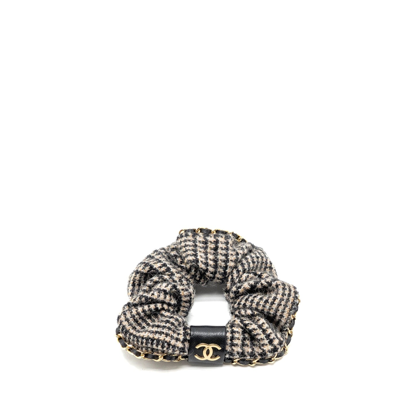 Chanel 22k Hair Tie Tweed/leather Chain detail Scrunchie Beige/Black/Ecru GHW