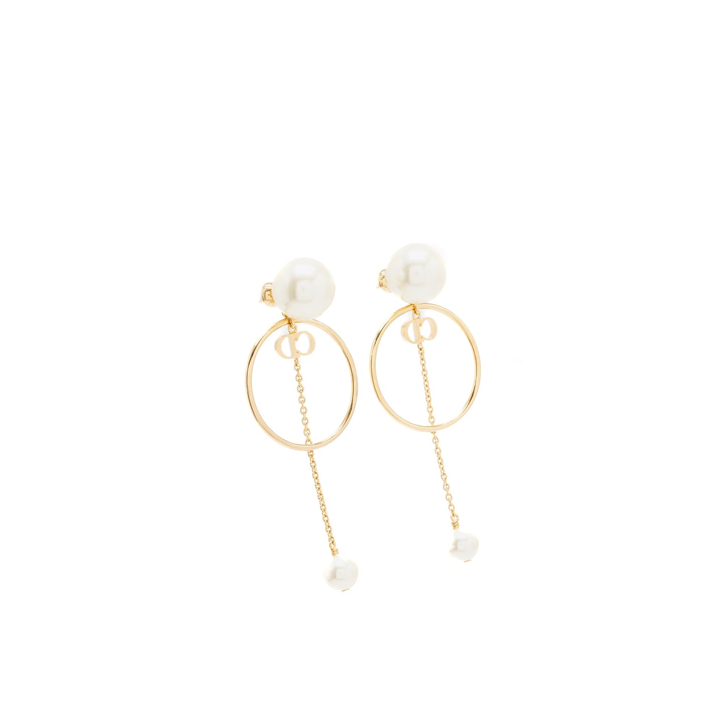 Dior Logo Round Drop Earrings Pearl Gold Tone