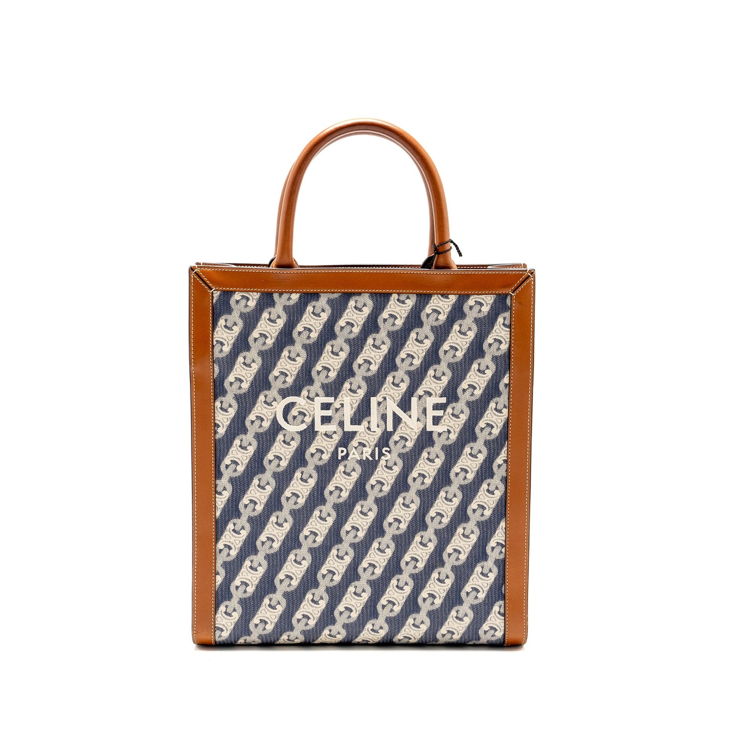 Luxury CELINE Vertical Cabas Tote in Triomphe Denim /Leather Navy/Tan GHW