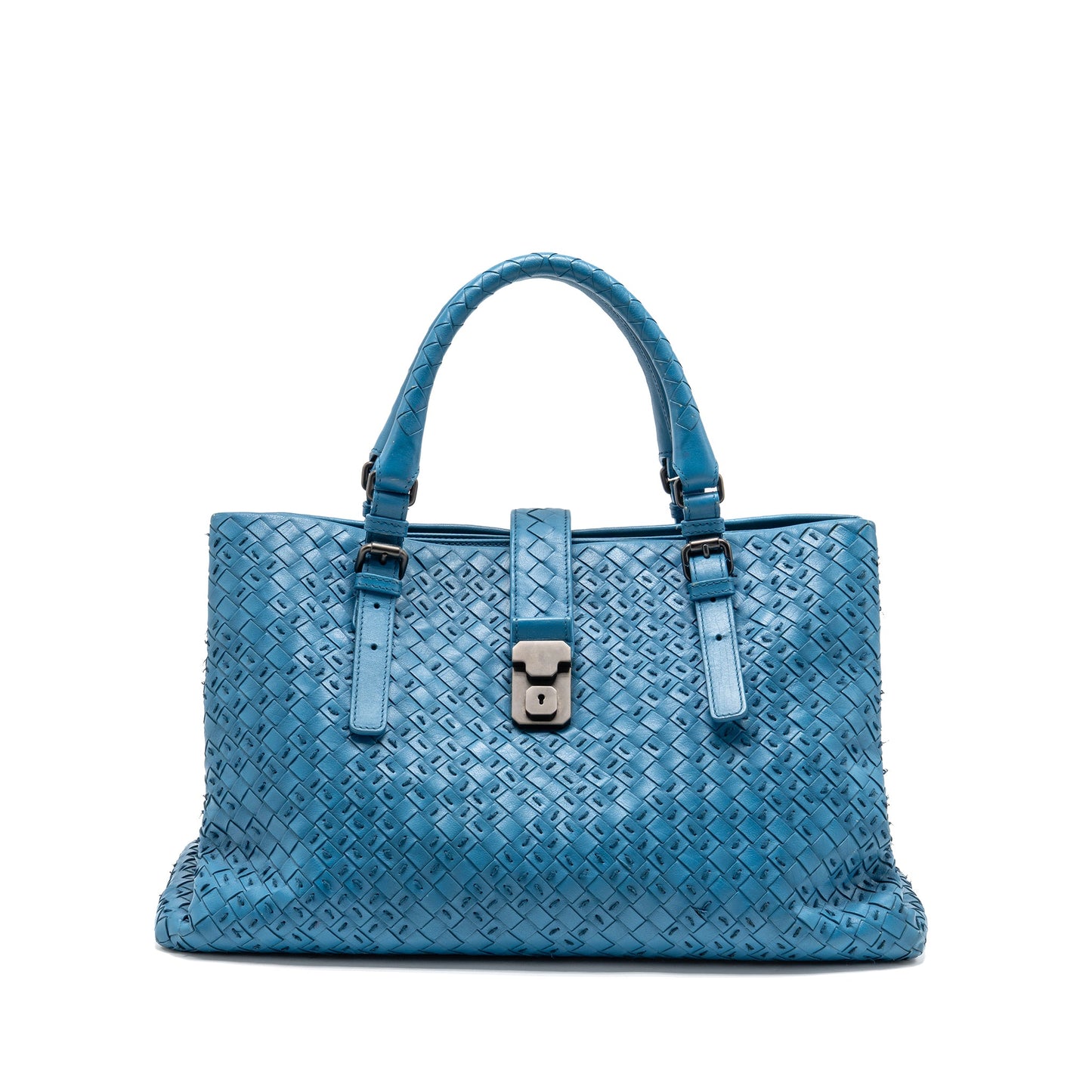 Bottega Veneta Intrecciato Roma Large Tote Purse Leather Blue Black Hardware