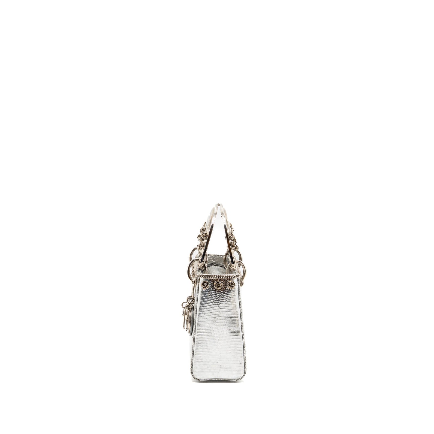 Dior Mini Lady Dior Flower Studded Metal Handle Lizard Silver