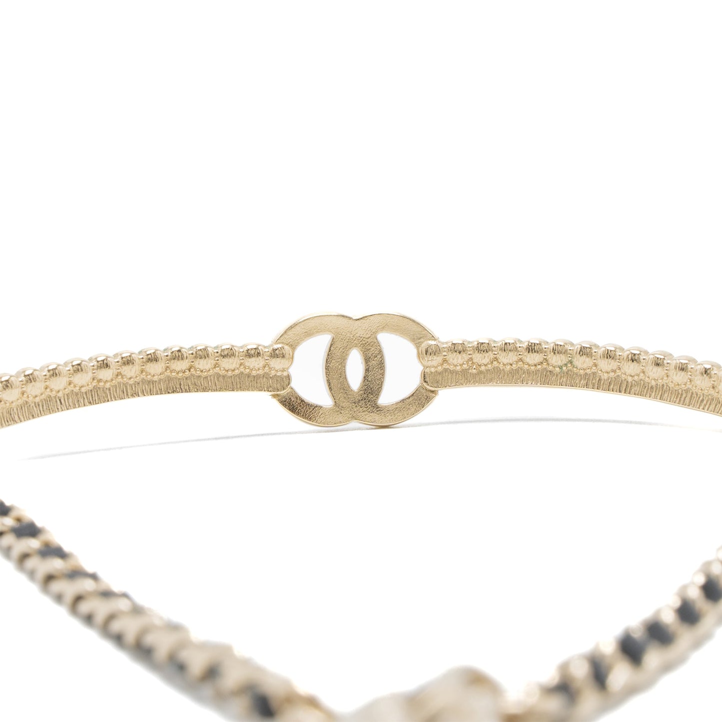 Chanel CC Logo Chocker Leather Chain Crystal Light Gold Tone