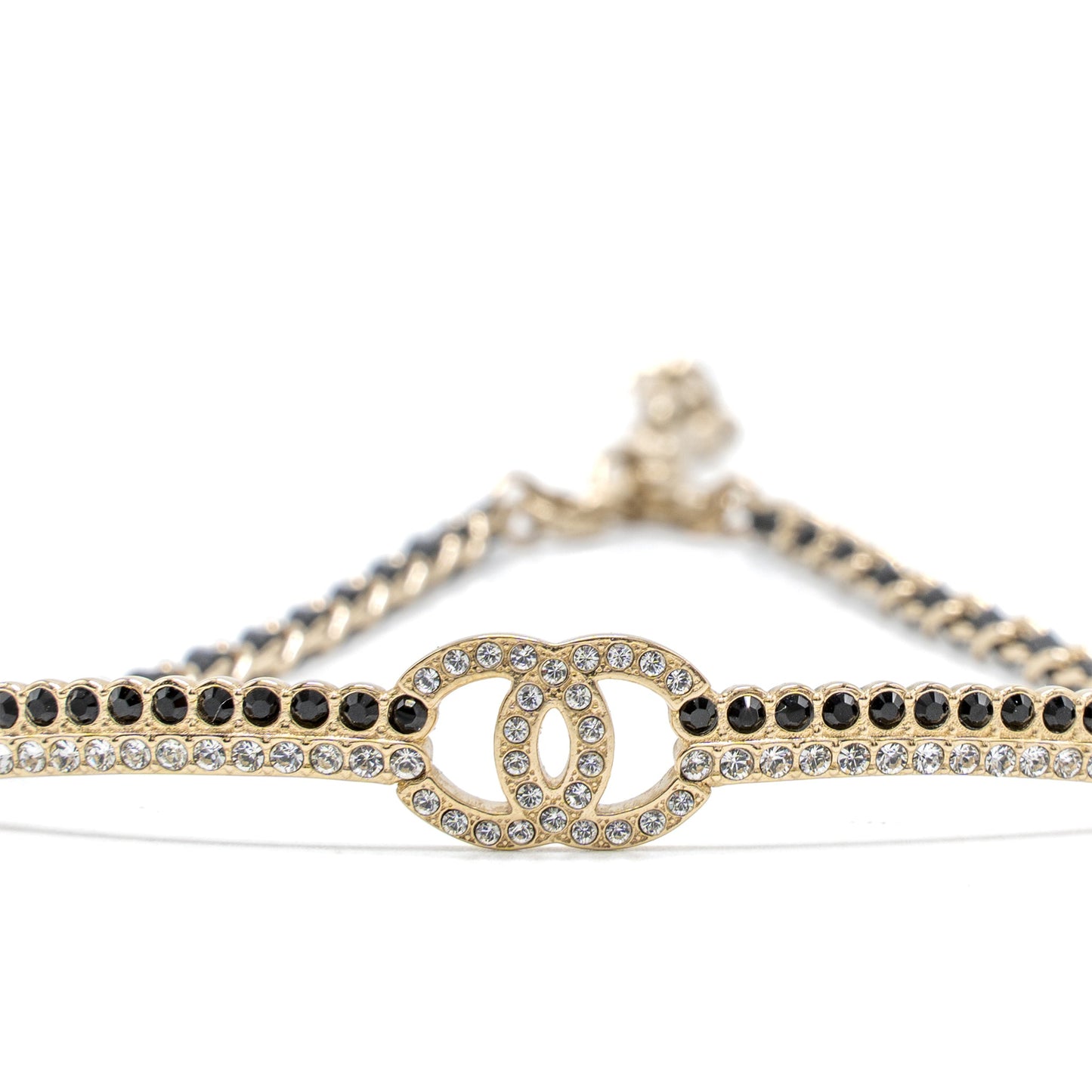 Chanel CC Logo Chocker Leather Chain Crystal Light Gold Tone