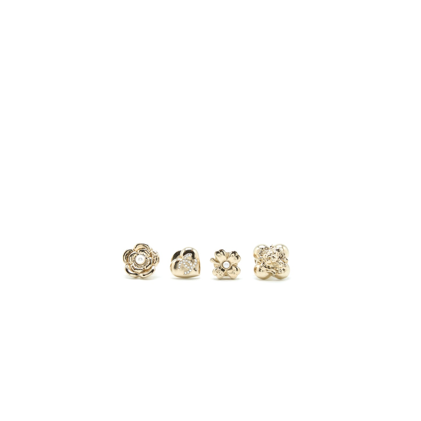 Chanel 4 Pins Brooch Crystal/Pearl Light Gold Tone