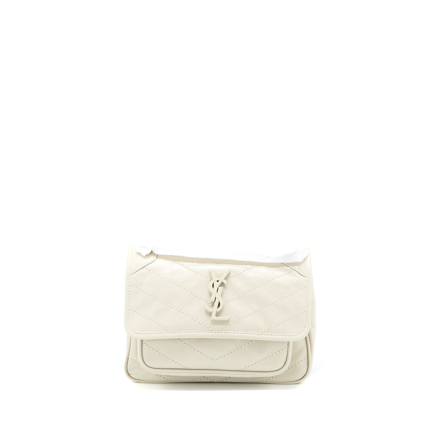 Saint Laurent Niki Baby Chain Purse in Crinkled Calfskin Blanc
