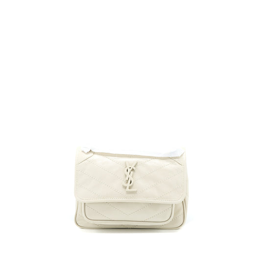 Saint Laurent Niki Baby Chain Purse in Crinkled Calfskin Blanc