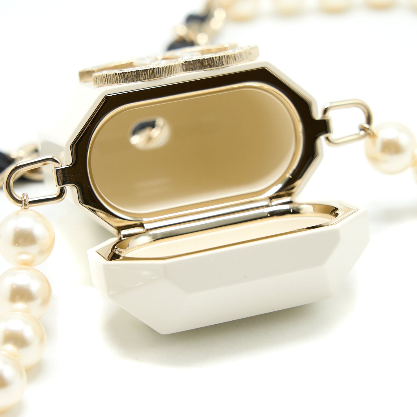 Chanel AirPods Case With Pearl Chain White Light Gold Tone