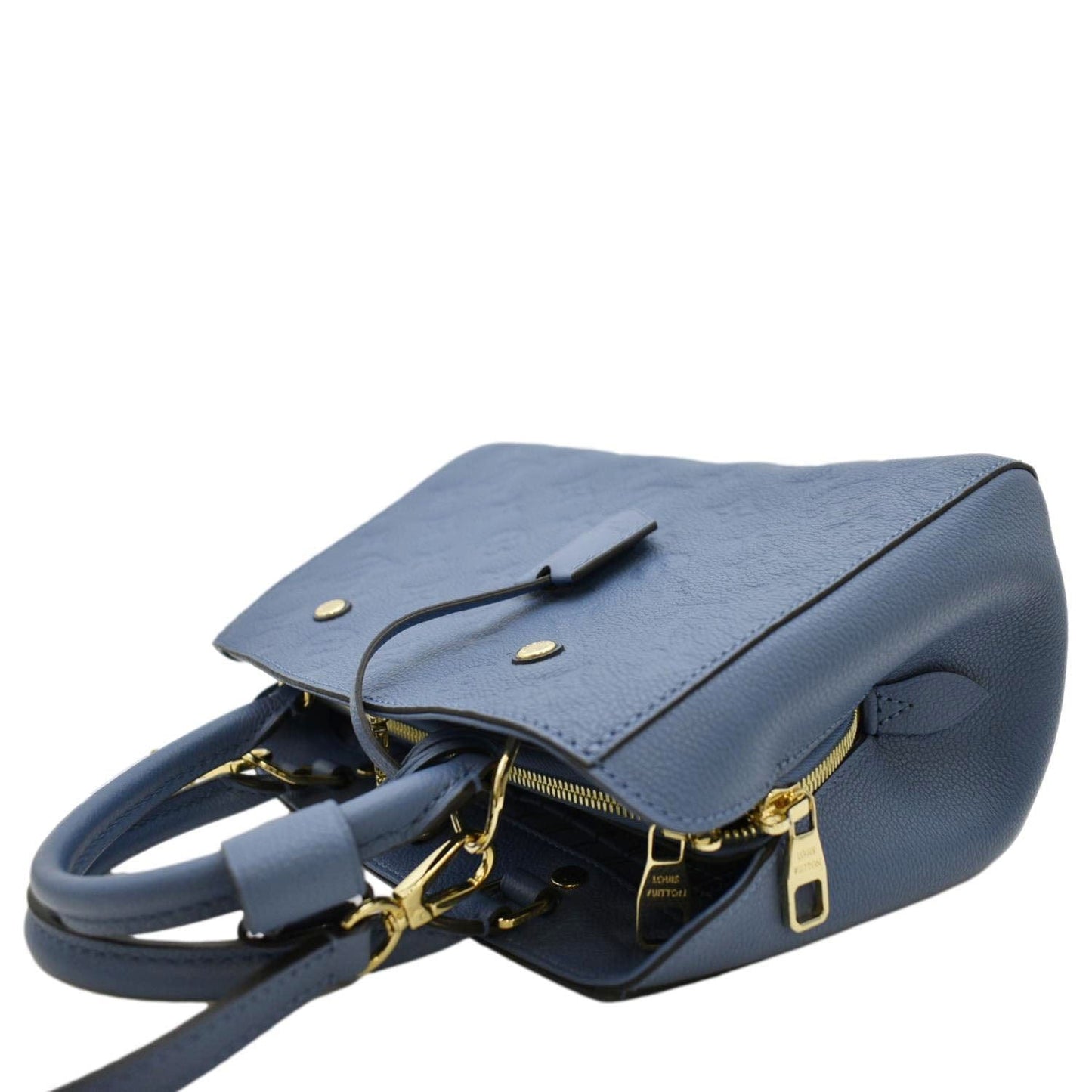 LOUIS VUITTON Montaigne BB Monogram Empreinte Leather Satchel Bag Blue
