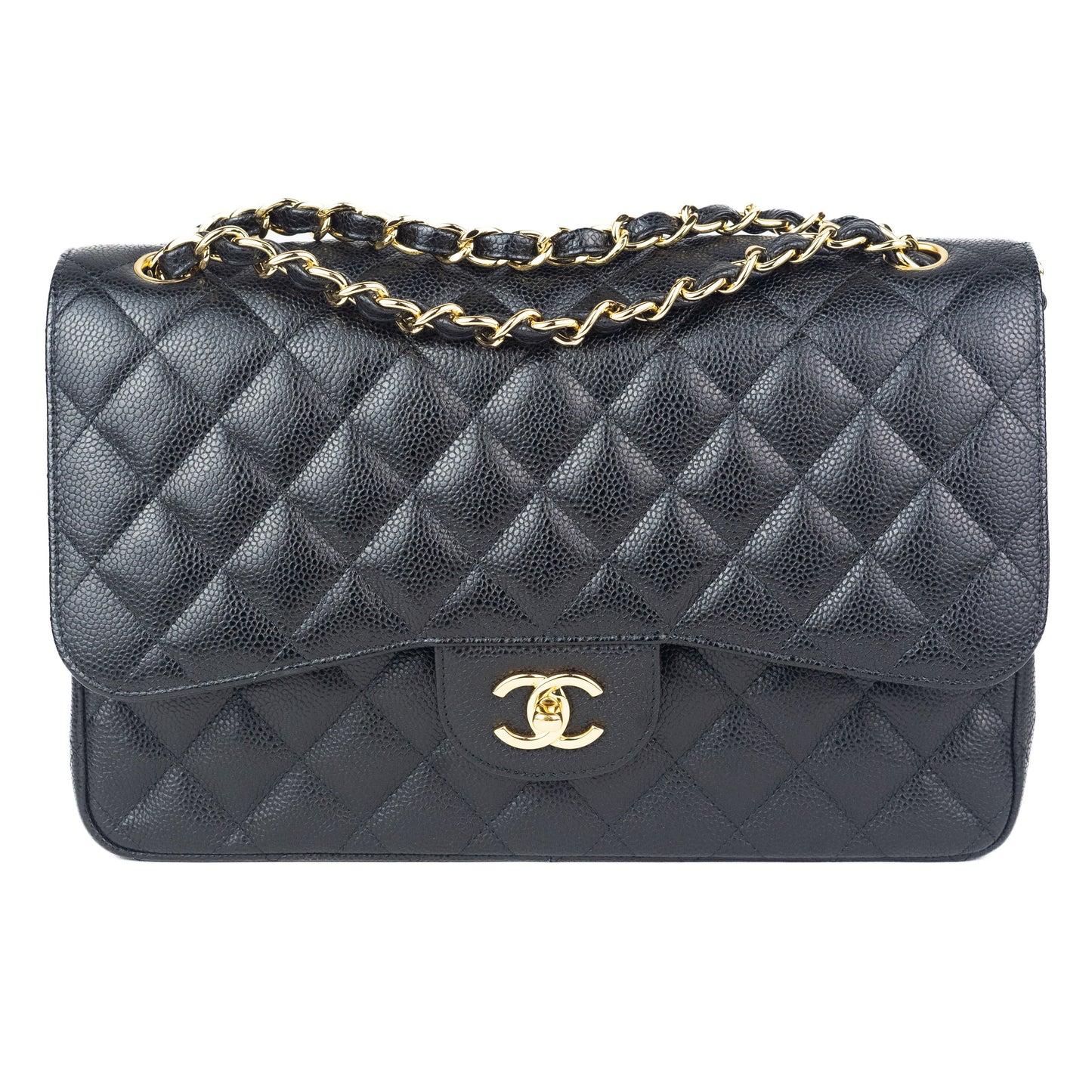 Chanel Large Classic Handbag in Black Grained Calfskin and Gold-Tone Metal