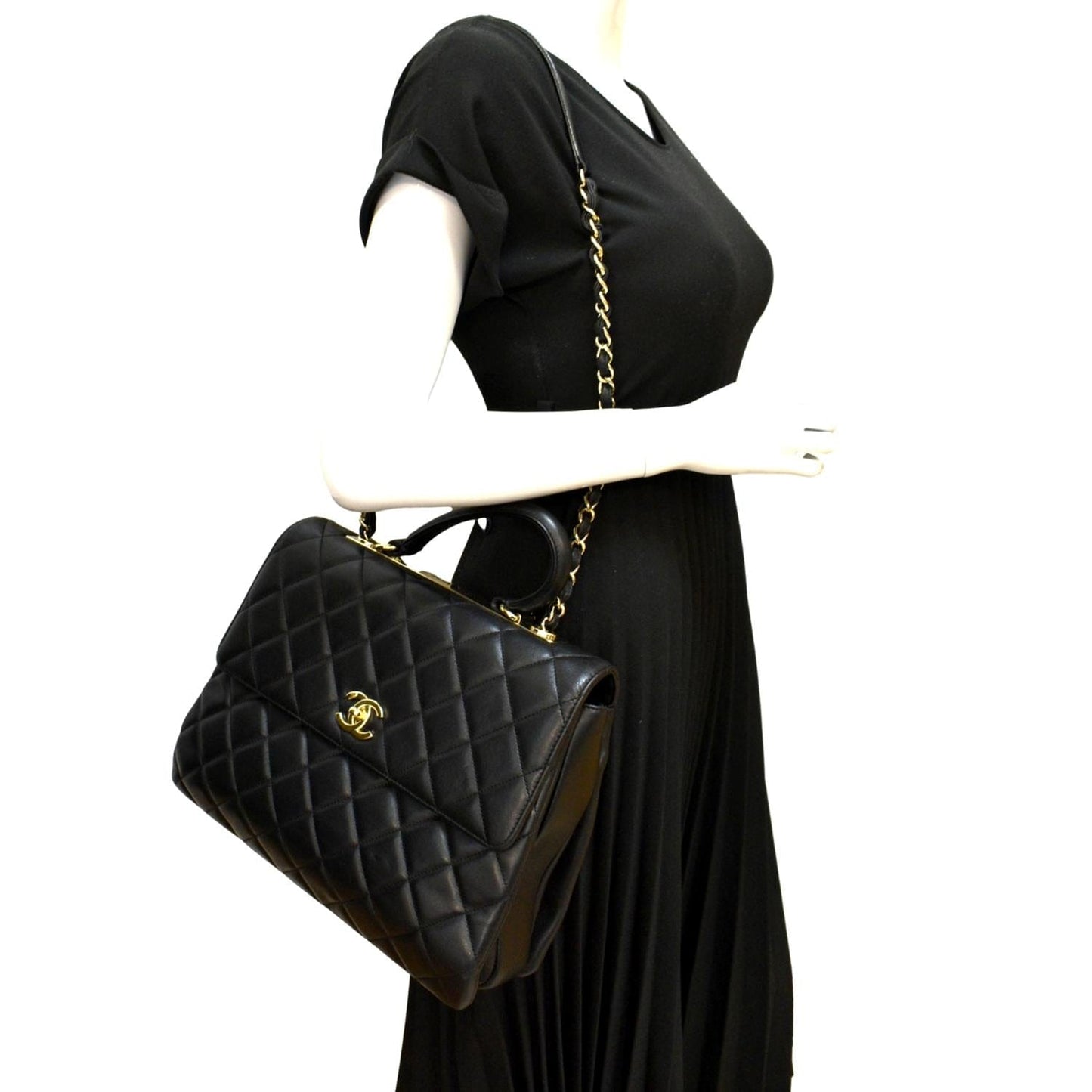CHANEL Trendy CC Top Handle Flap Quilted Leather Shoulder Bag Black