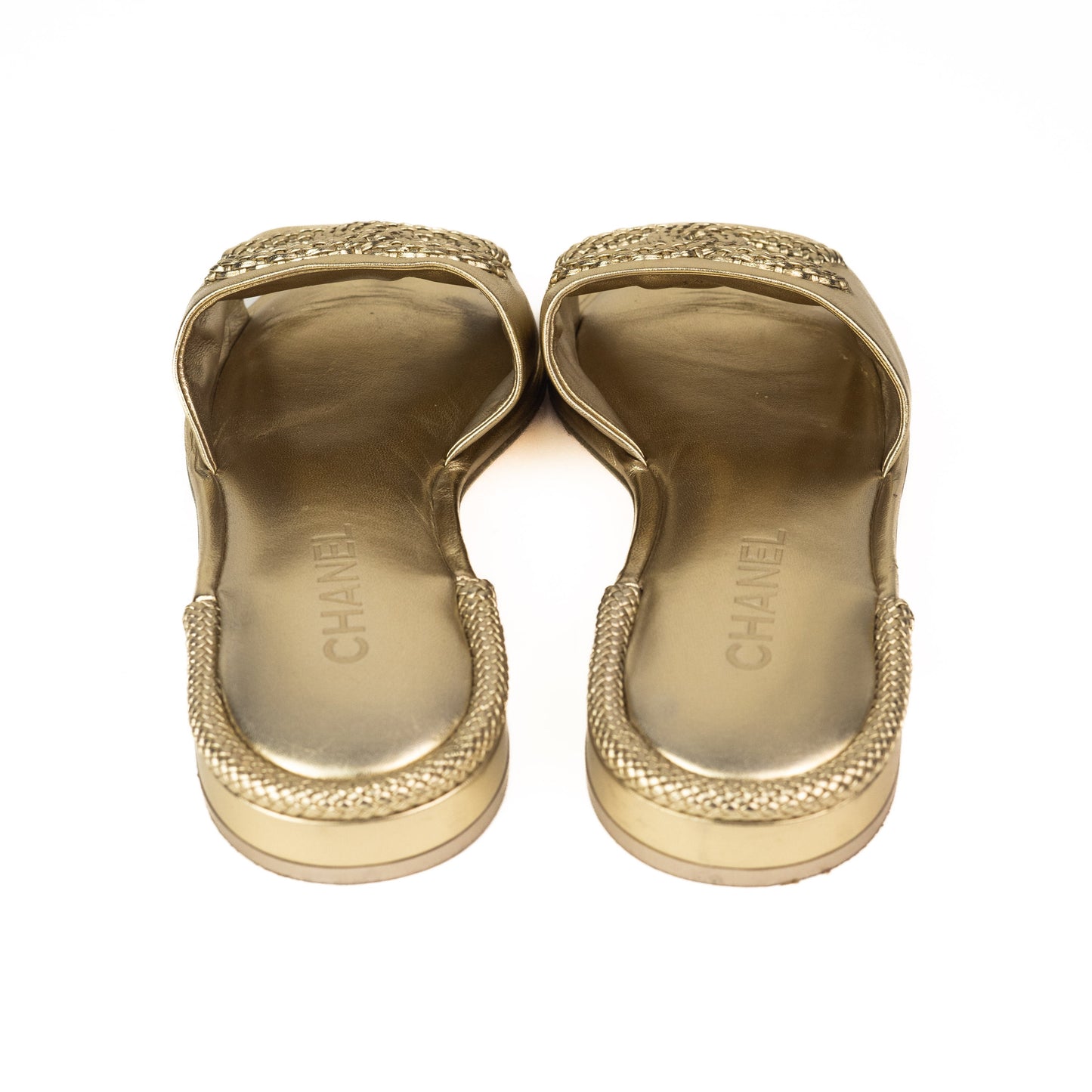 Chanel Laminated CC Logo Gold Slides