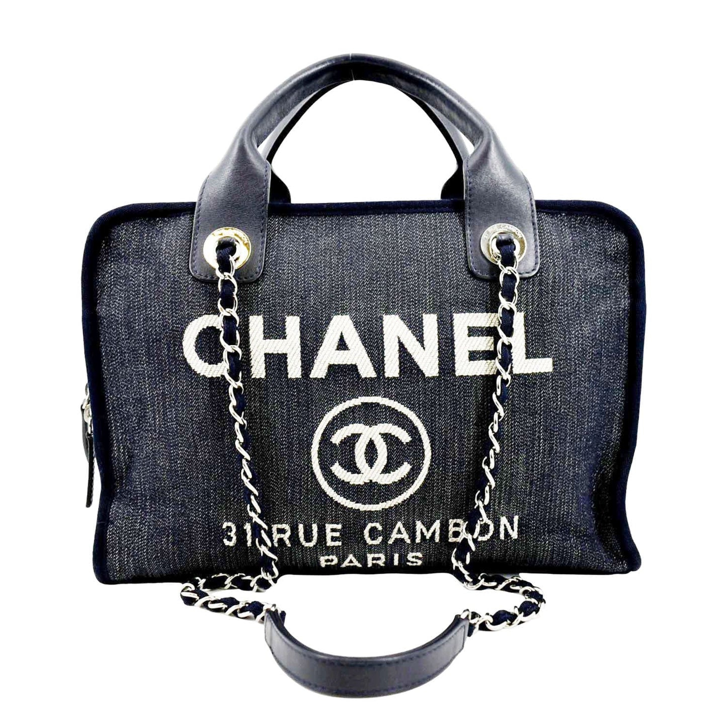 CHANEL Deauville Medium Bowling Denim Shoulder Bag Blue