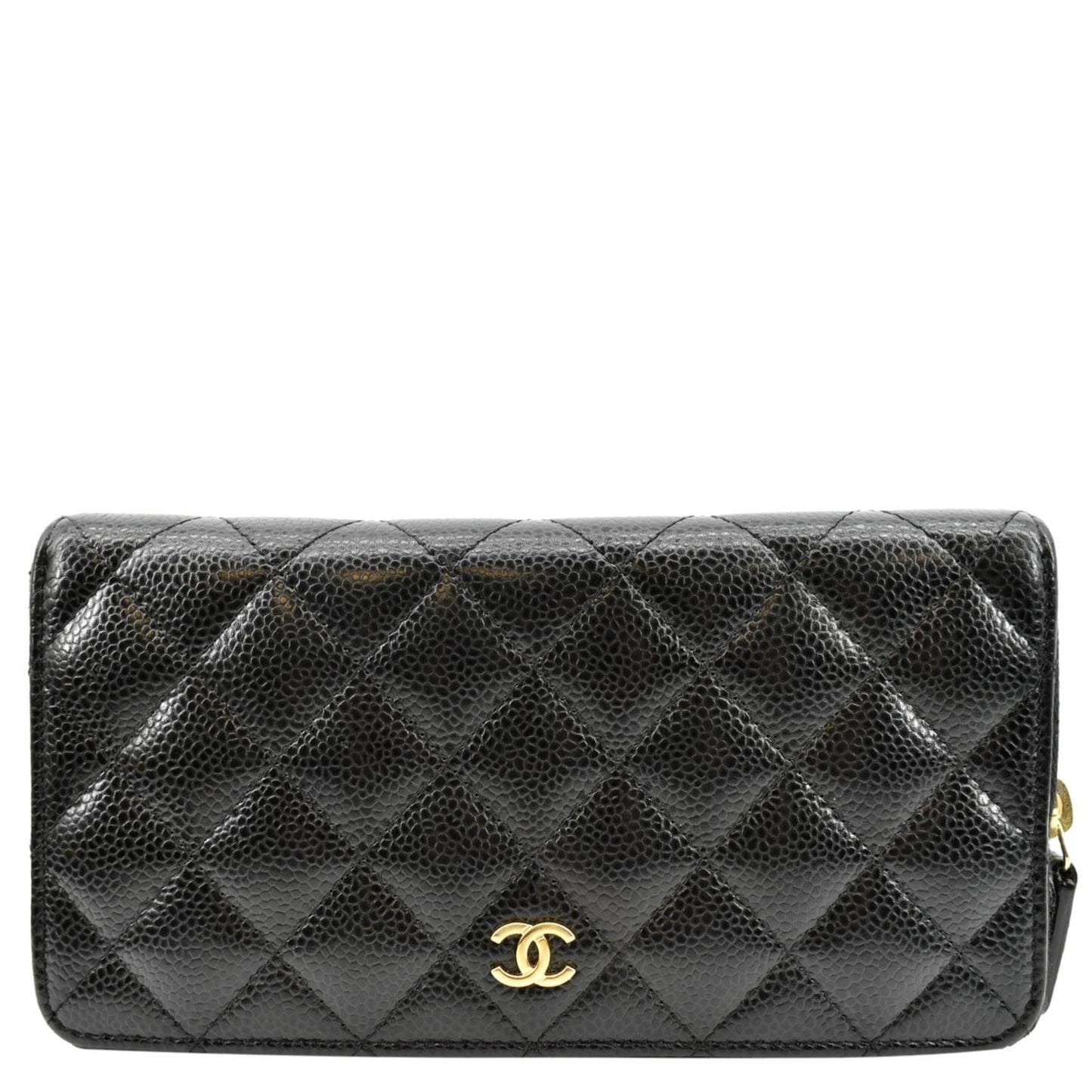 CHANEL Zip Around Quilted Caviar Leather Wallet Black