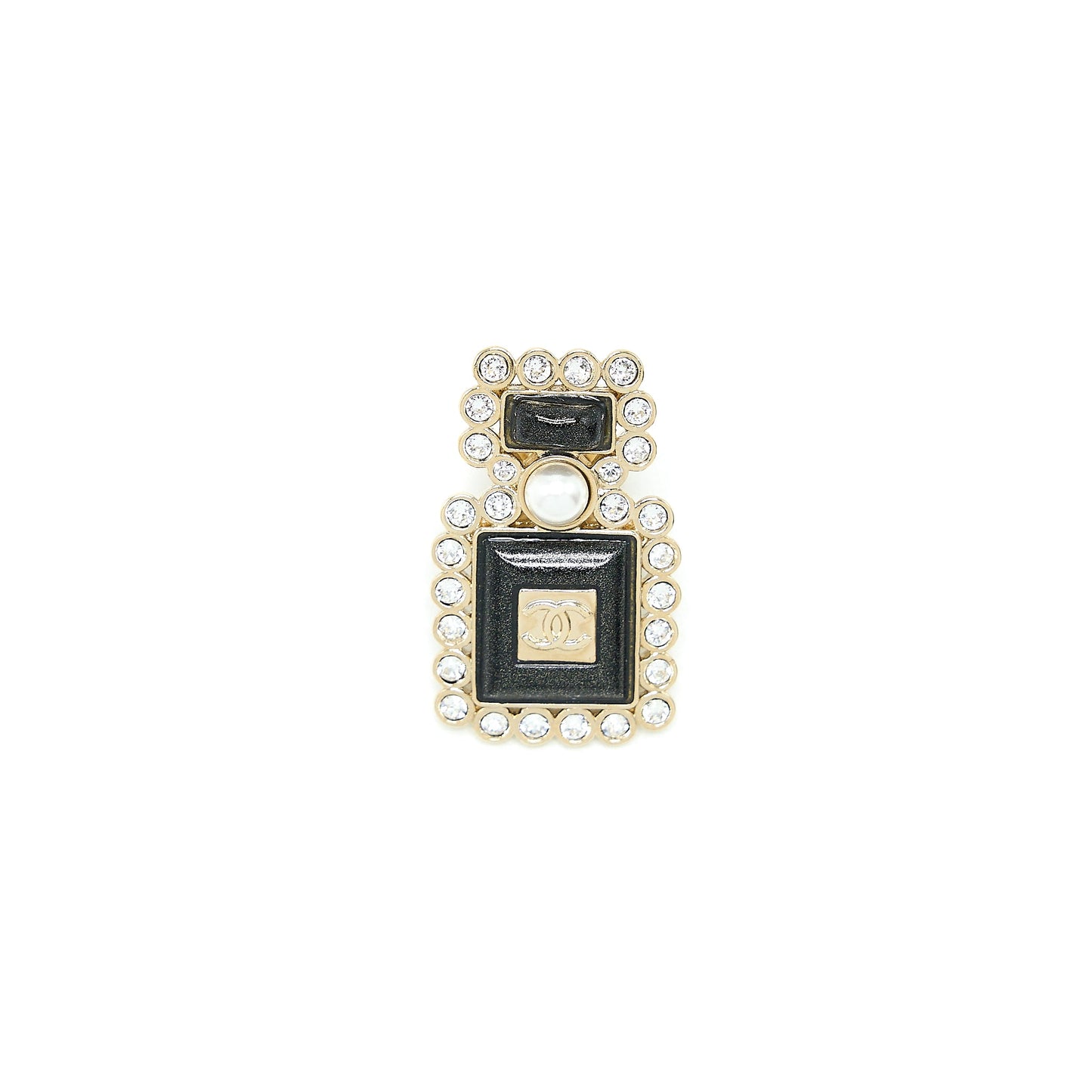 Chanel Perfume Bottle CC Logo Brooch Crystal/Pearl Black Light Gold Tone