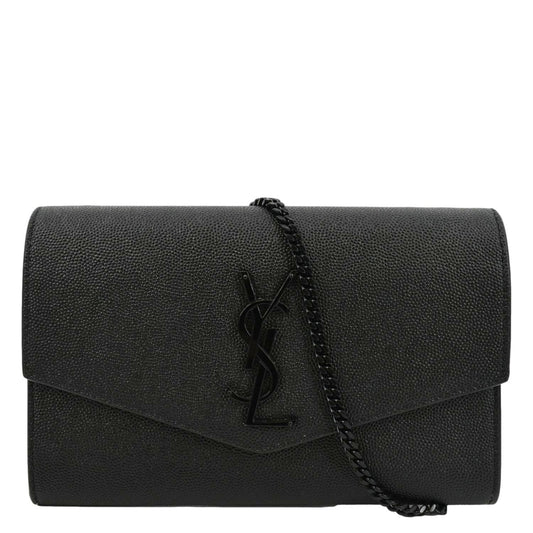 YVES SAINT LAURENT Uptown Gain De Poudre Embossed Leather Crossbody Chain Wallet Black