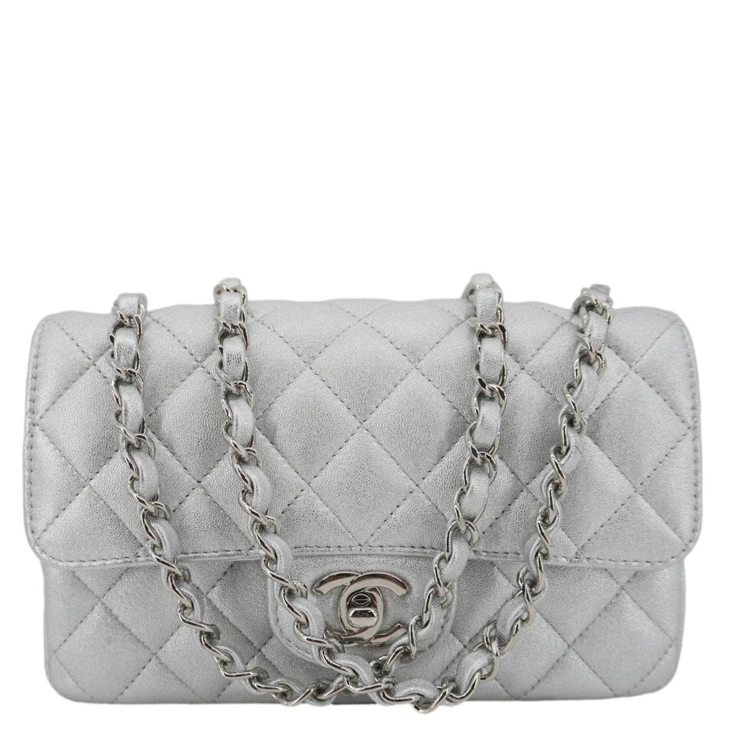 CHANEL Rectangular Flap Mini Lambskin Leather Shoulder Bag Silver Metallic