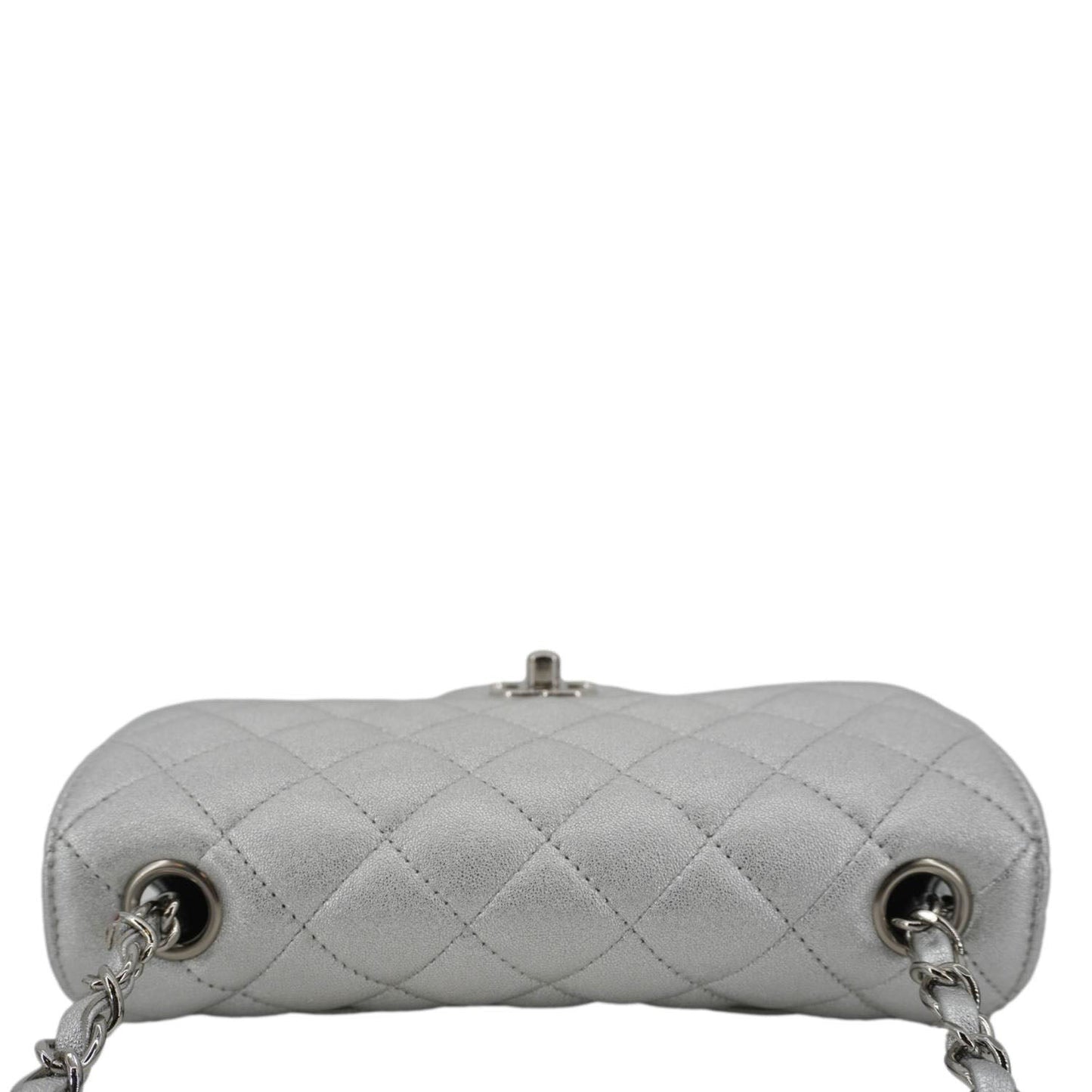 CHANEL Rectangular Flap Mini Lambskin Leather Shoulder Bag Silver Metallic