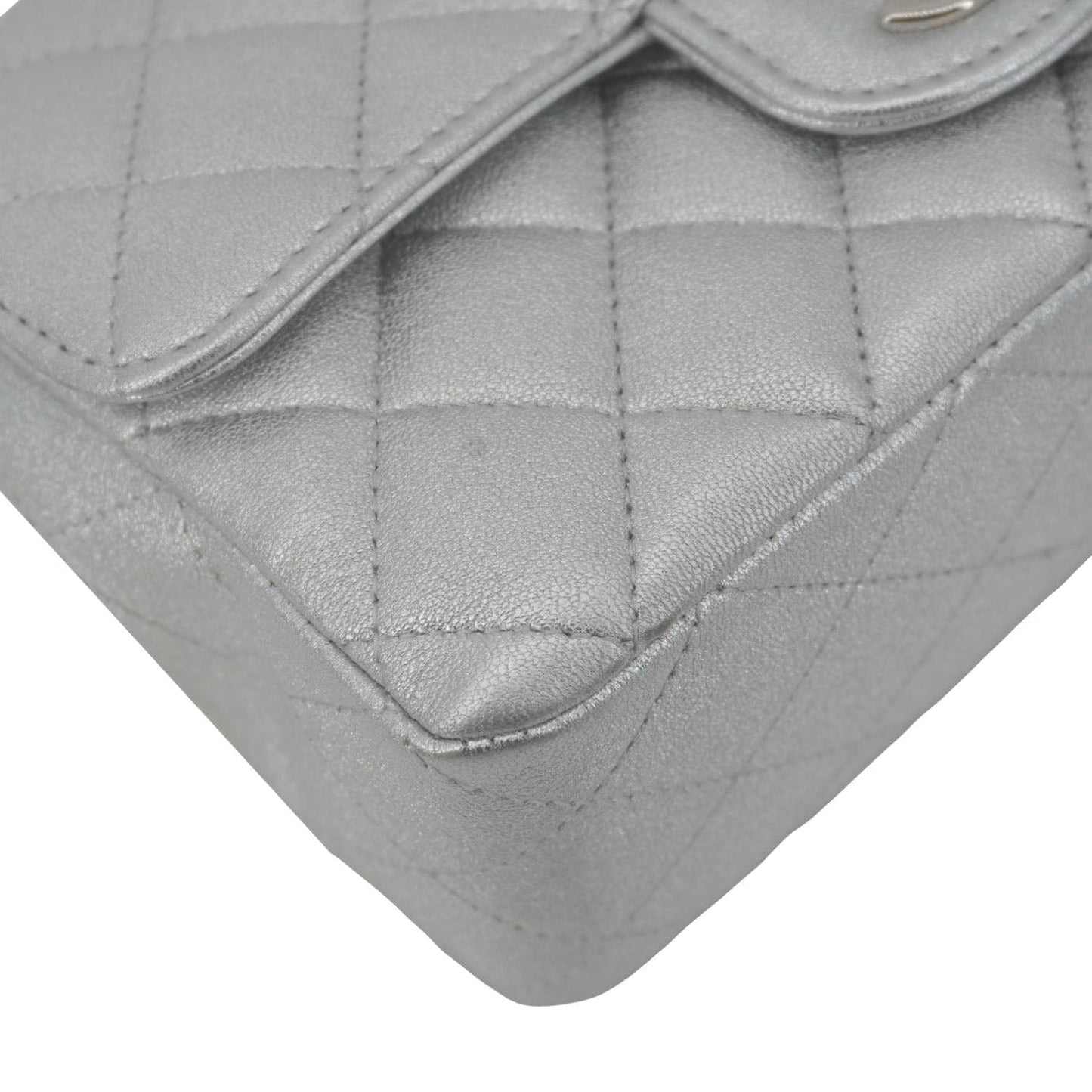 CHANEL Rectangular Flap Mini Lambskin Leather Shoulder Bag Silver Metallic