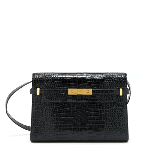 Saint Laurent/ Manhattan Mini Purse Shiny Crocodile-Embossed Black