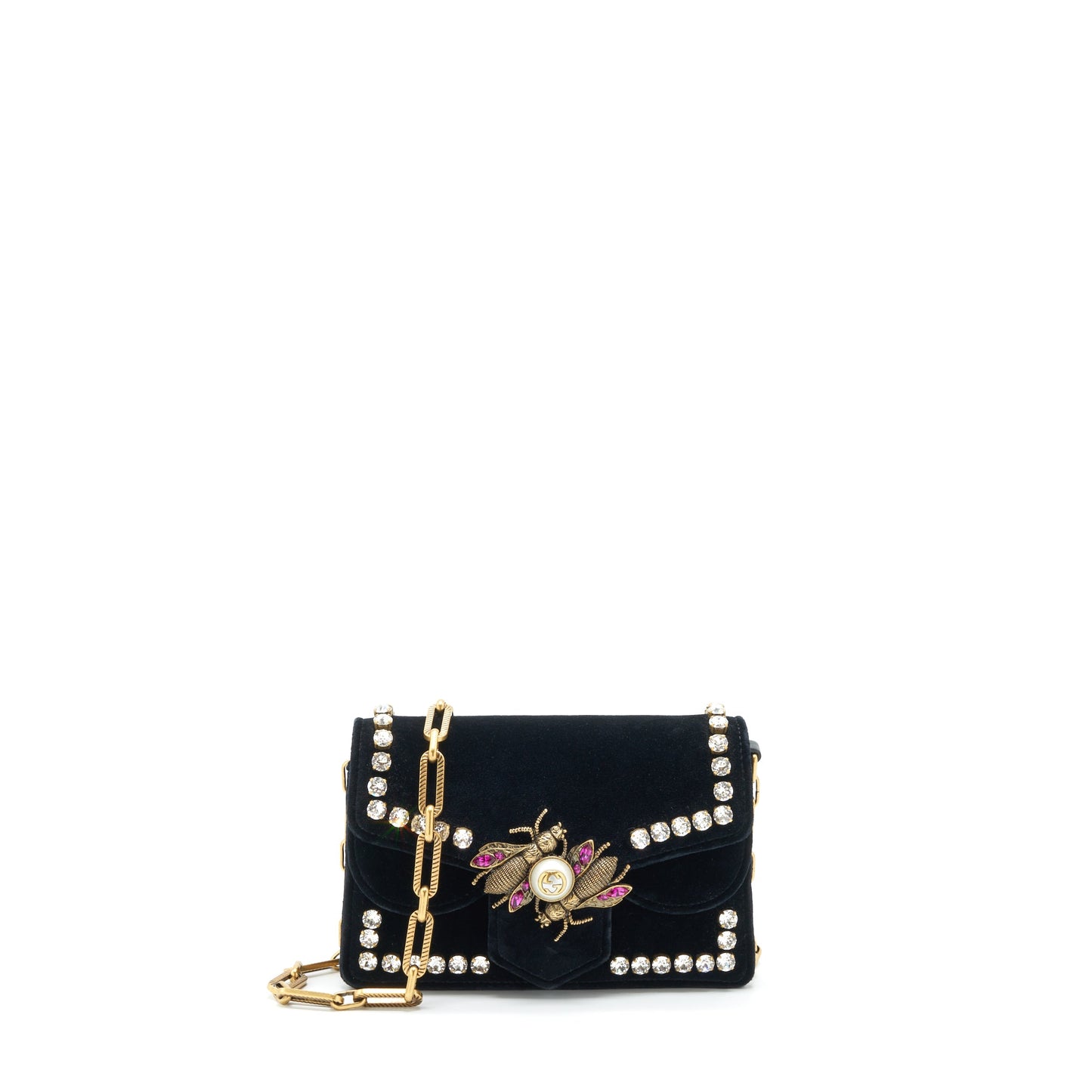 Gucci Mini Broadway Crossbody Purse Crystal Velvet Black Ruthenium Gold Hardware