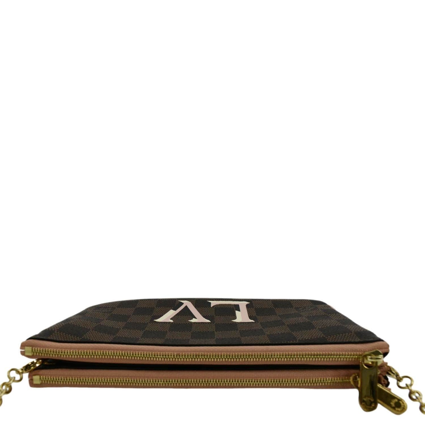 LOUIS VUITTON Double Zip Pochette Damier Ebene Crossbody Bag Rose Ballerine
