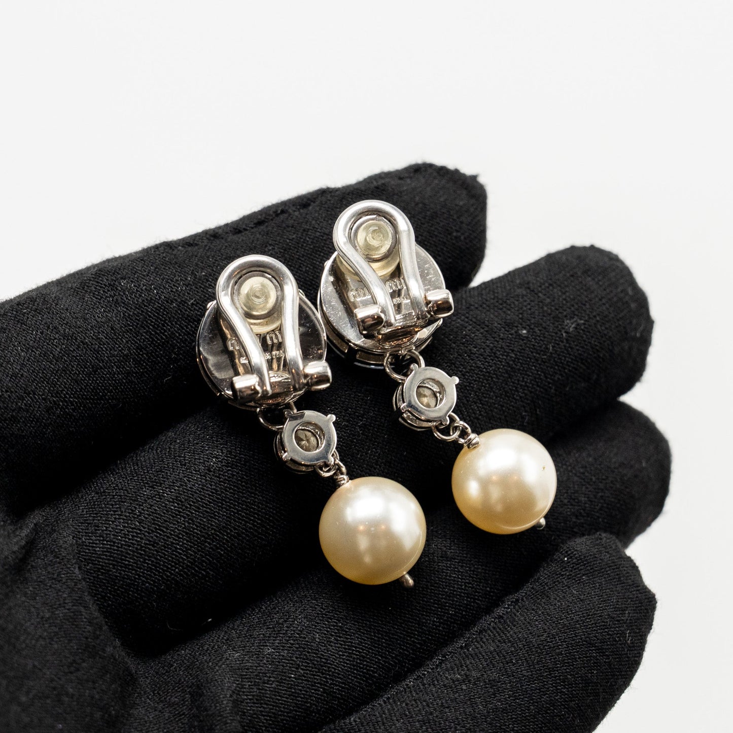 Gucci Crystal Gold Tone and Miu Miu Pearl Drop Crystal Silver Tone Clip-on Earrings (Sell in a Set)