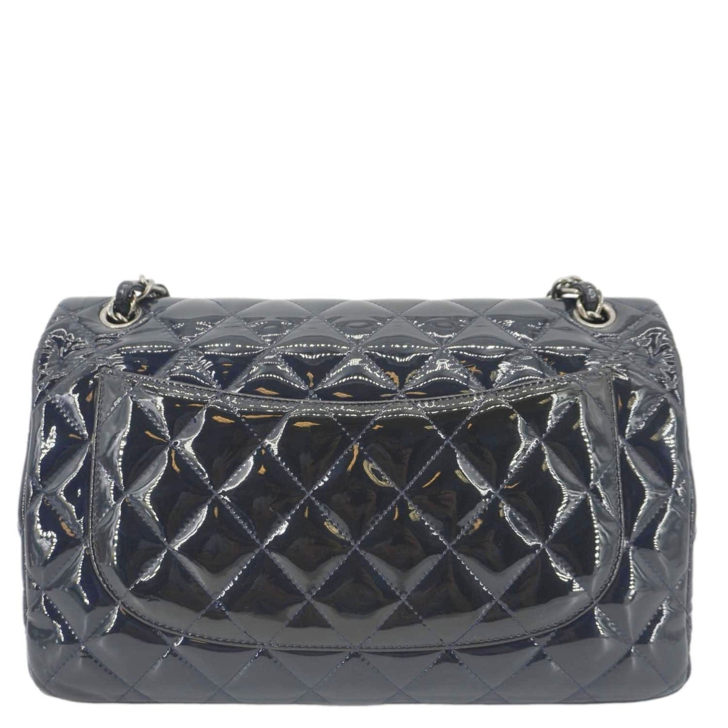 CHANEL Classic Double Flap Quilted Patent Leather Shoulder Bag Navy Blue
