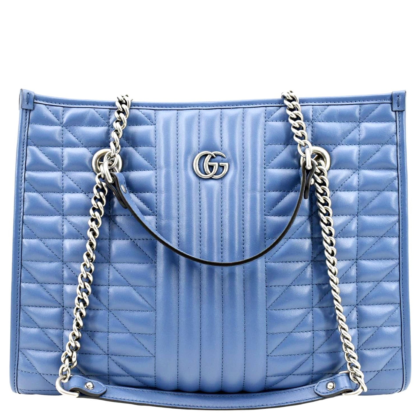 GUCCI GG Marmont Medium Metelasse Leather Tote Shoulder Bag Blue 675796