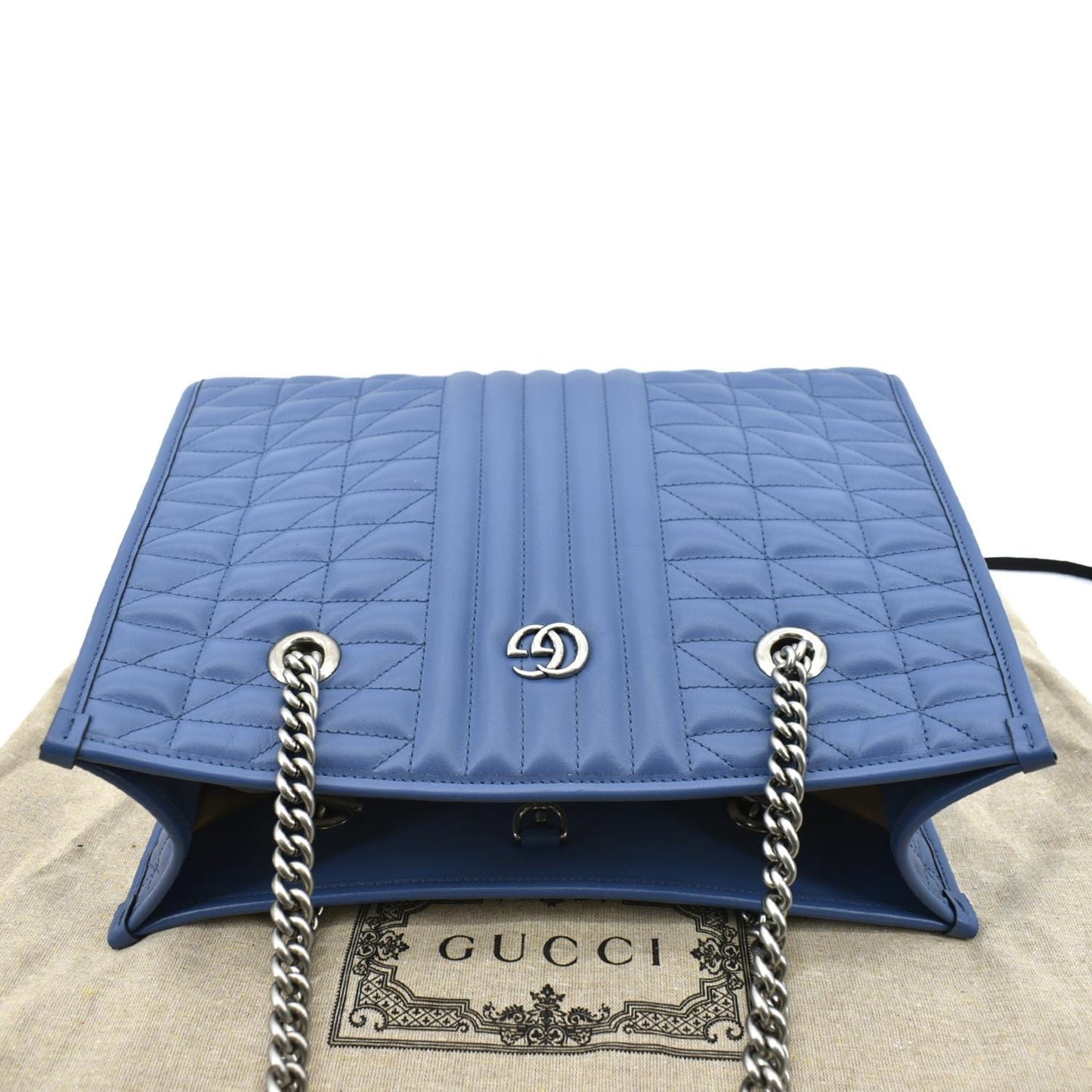 GUCCI GG Marmont Medium Metelasse Leather Tote Shoulder Bag Blue 675796