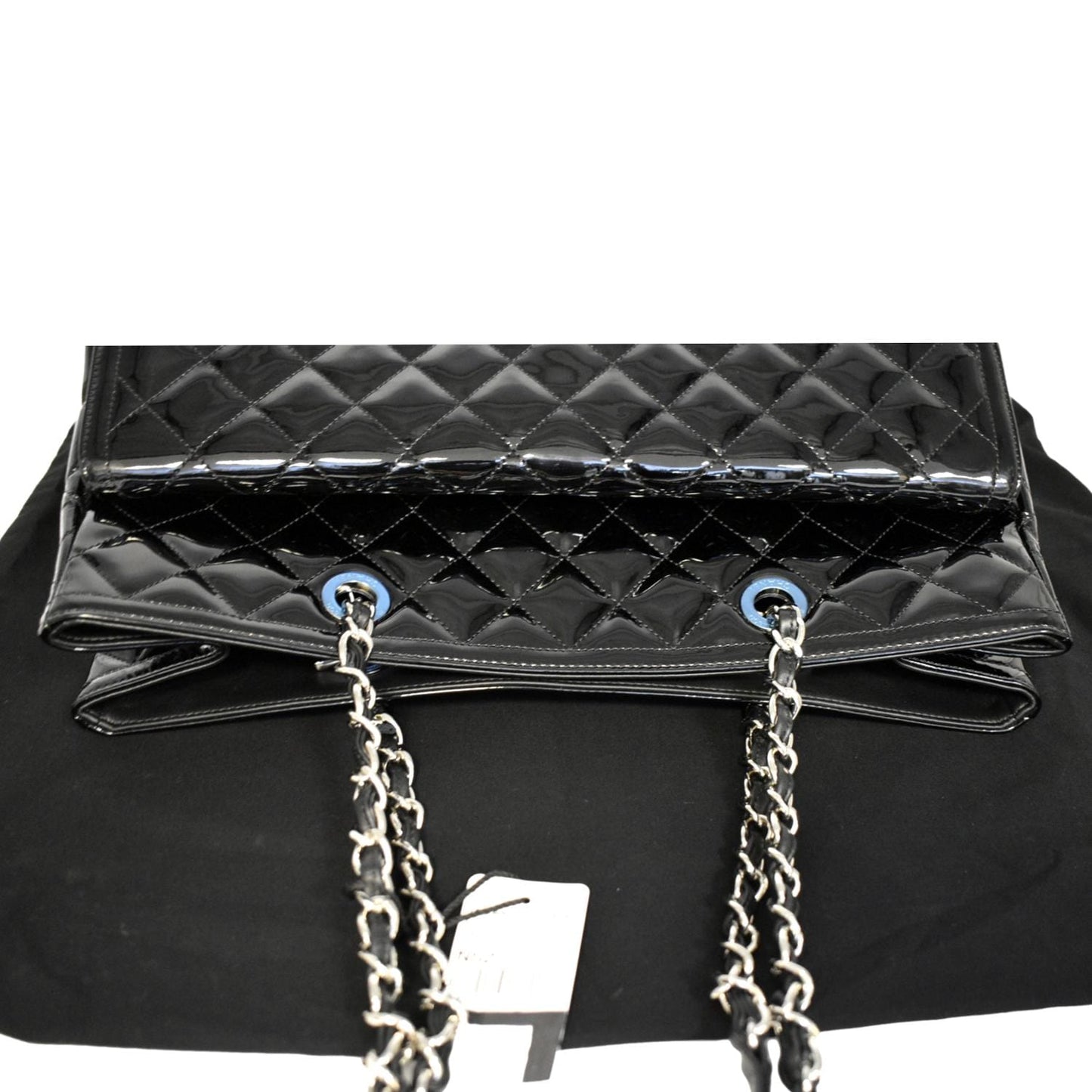 CHANEL Front Pocket Quilted Patent Leather Shopping Tote Bag Black