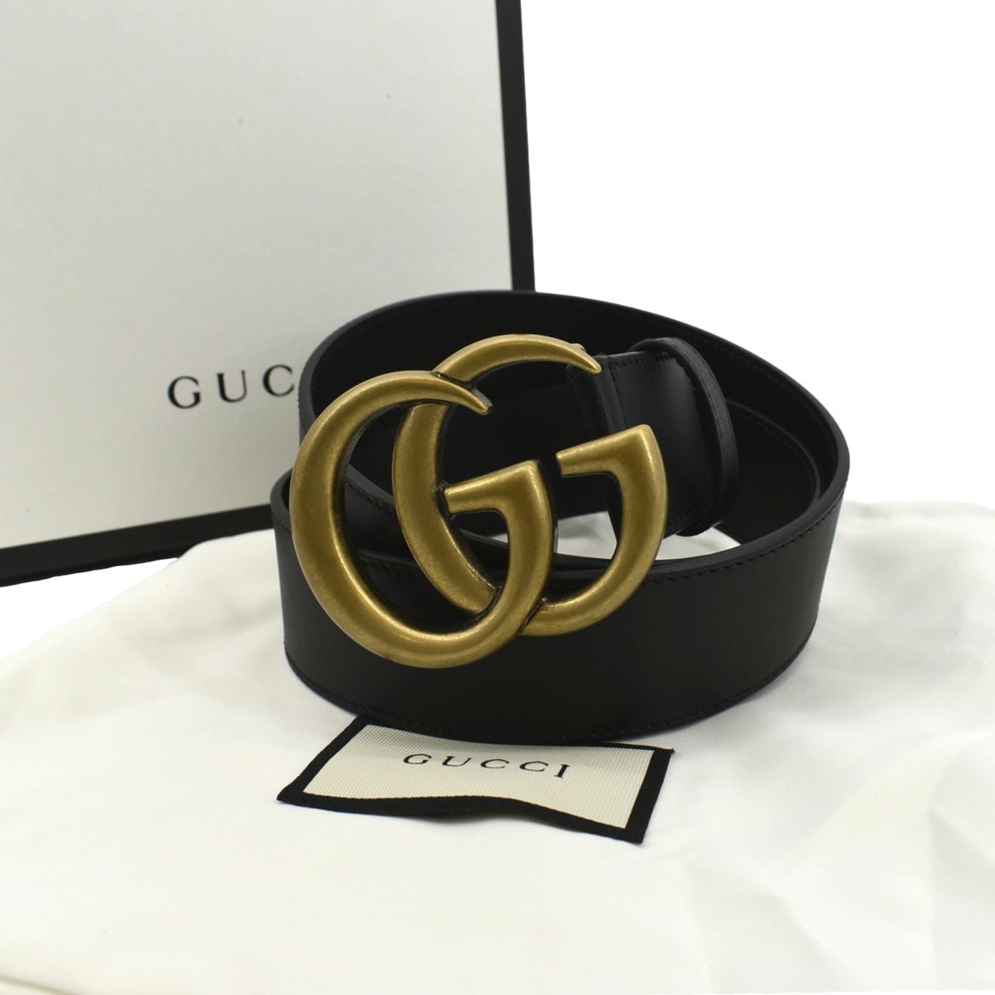 GUCCI Double G Buckle Leather Belt Size 80.32 Black 400593