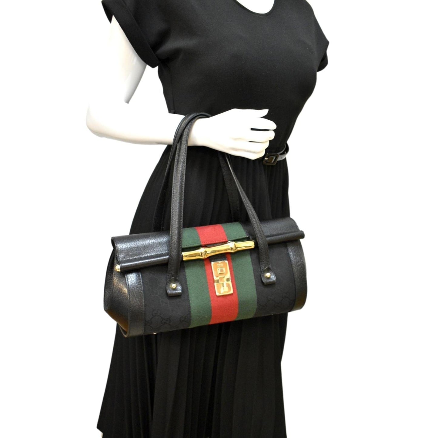 GUCCI Bamboo Bullet Calfskin Leather Satchel Bag Black 131496
