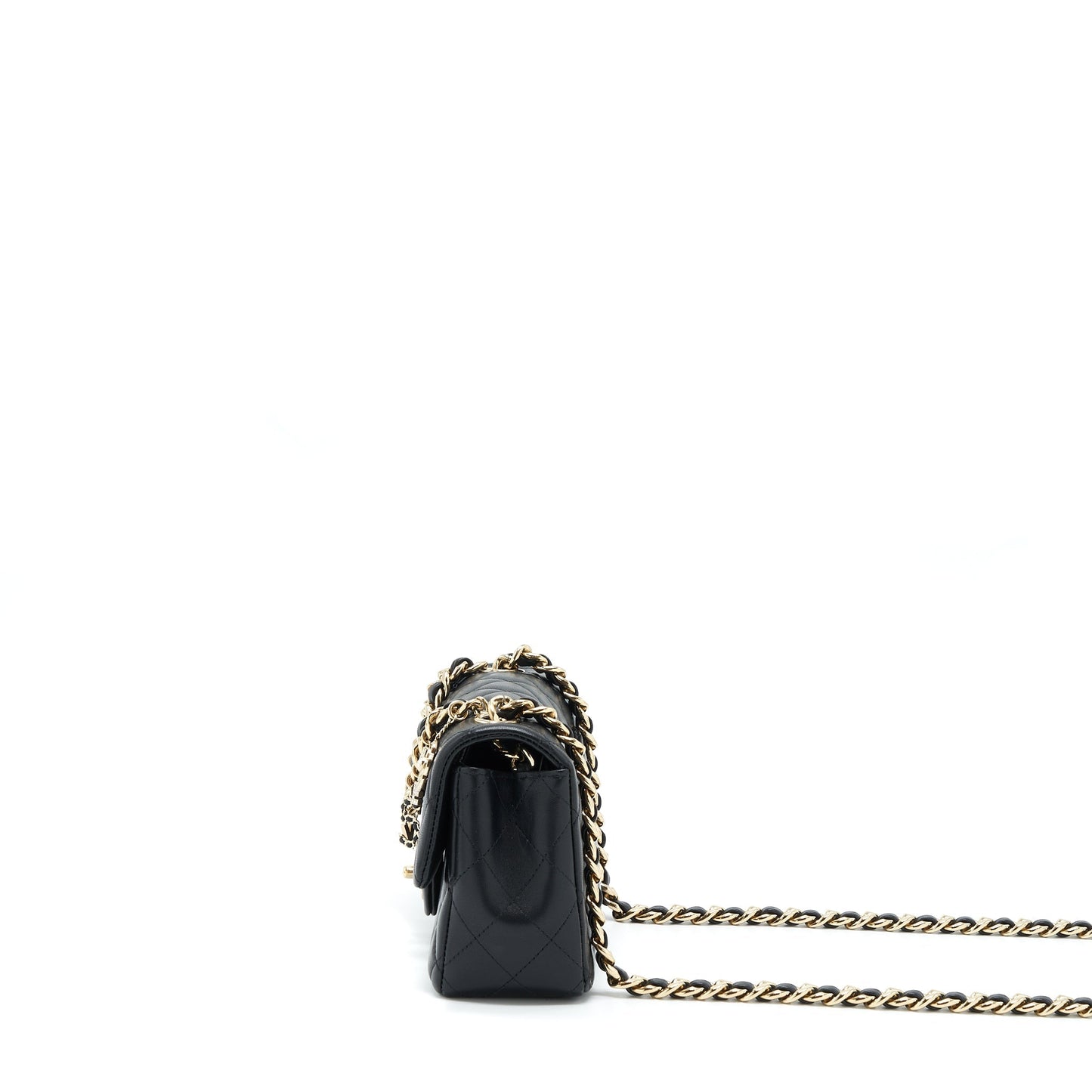 Chanel Mini Rectangular Flap Bag With Bag Charms Giant Chains Lambskin Black GHW