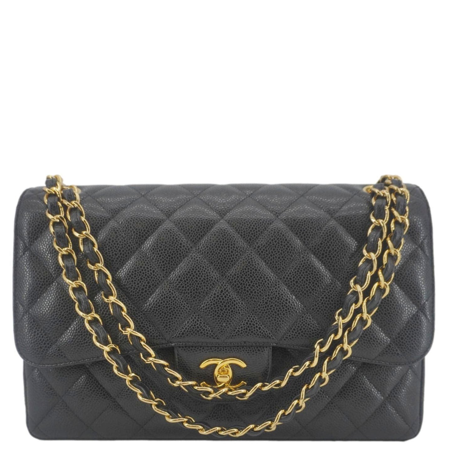 CHANEL Classic Jumbo Double Flap Quilted Caviar Leather Shoulder Bag Black