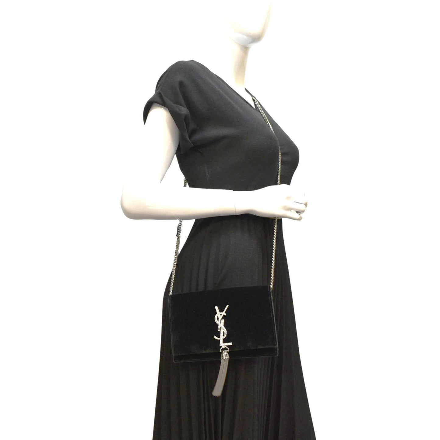 YVES SAINT LAURENT Crystal Kate Medium Tassel Velvet Crossbody Bag Dark Green