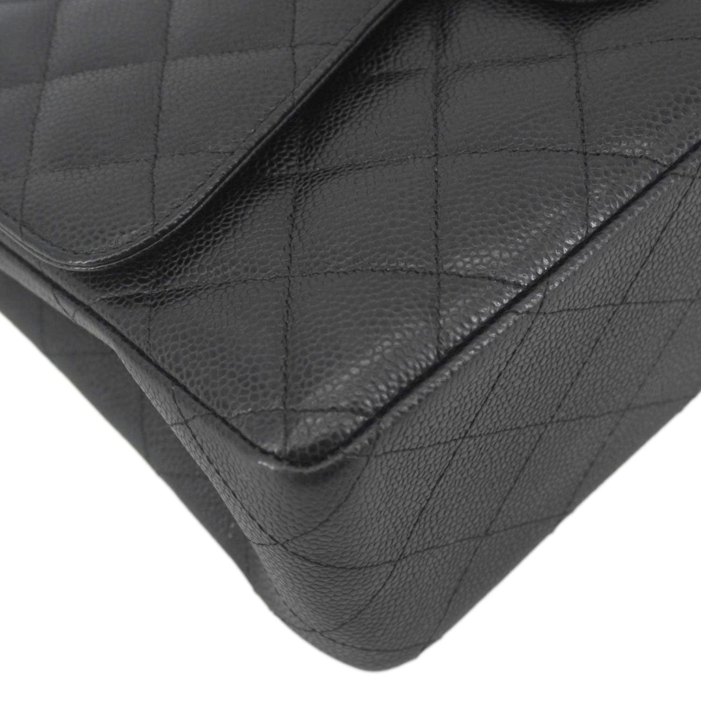 CHANEL Classic Jumbo Double Flap Quilted Caviar Leather Shoulder Bag Black
