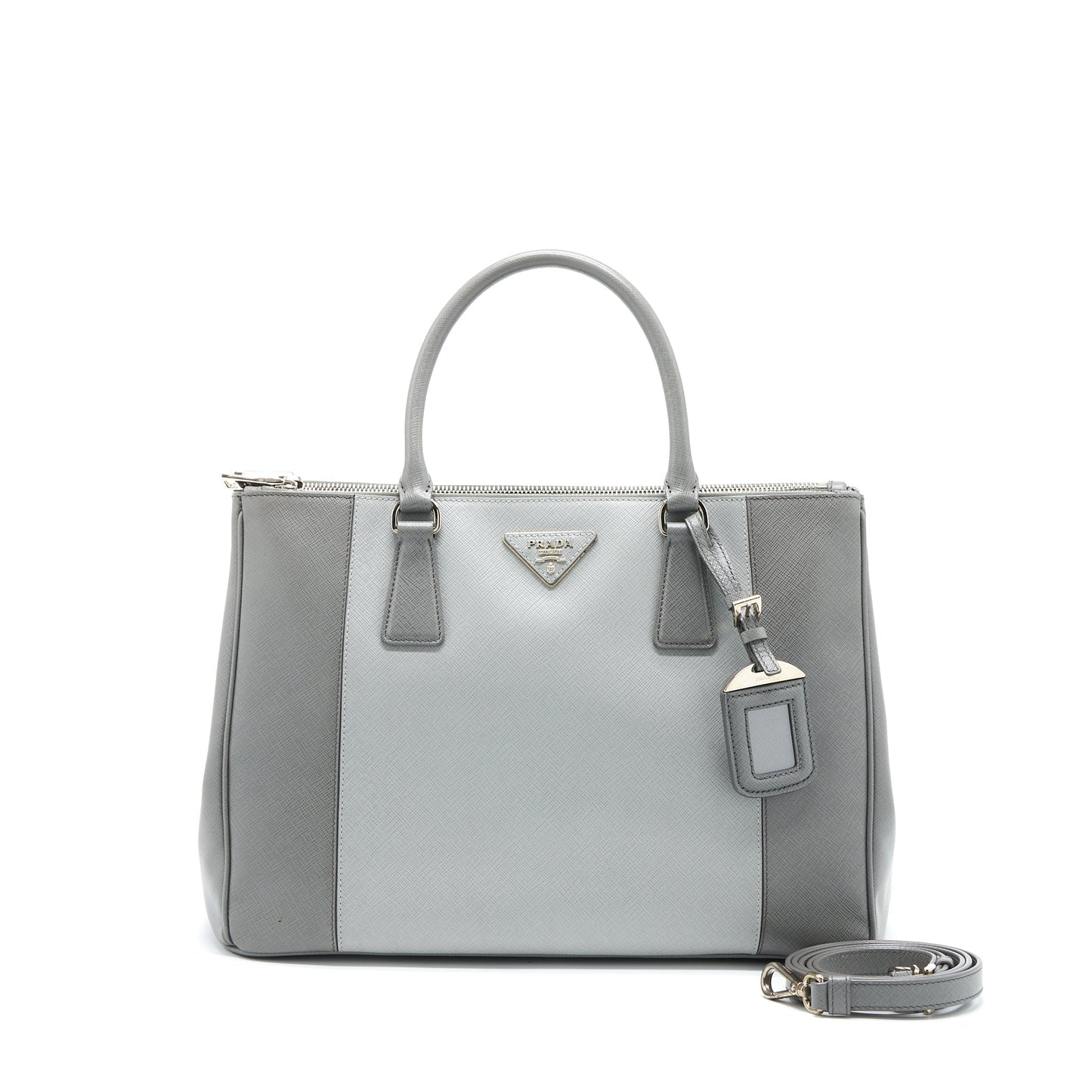 Prada Double Zip Tote Purse Saffiano Calfskin Multicolour Grey