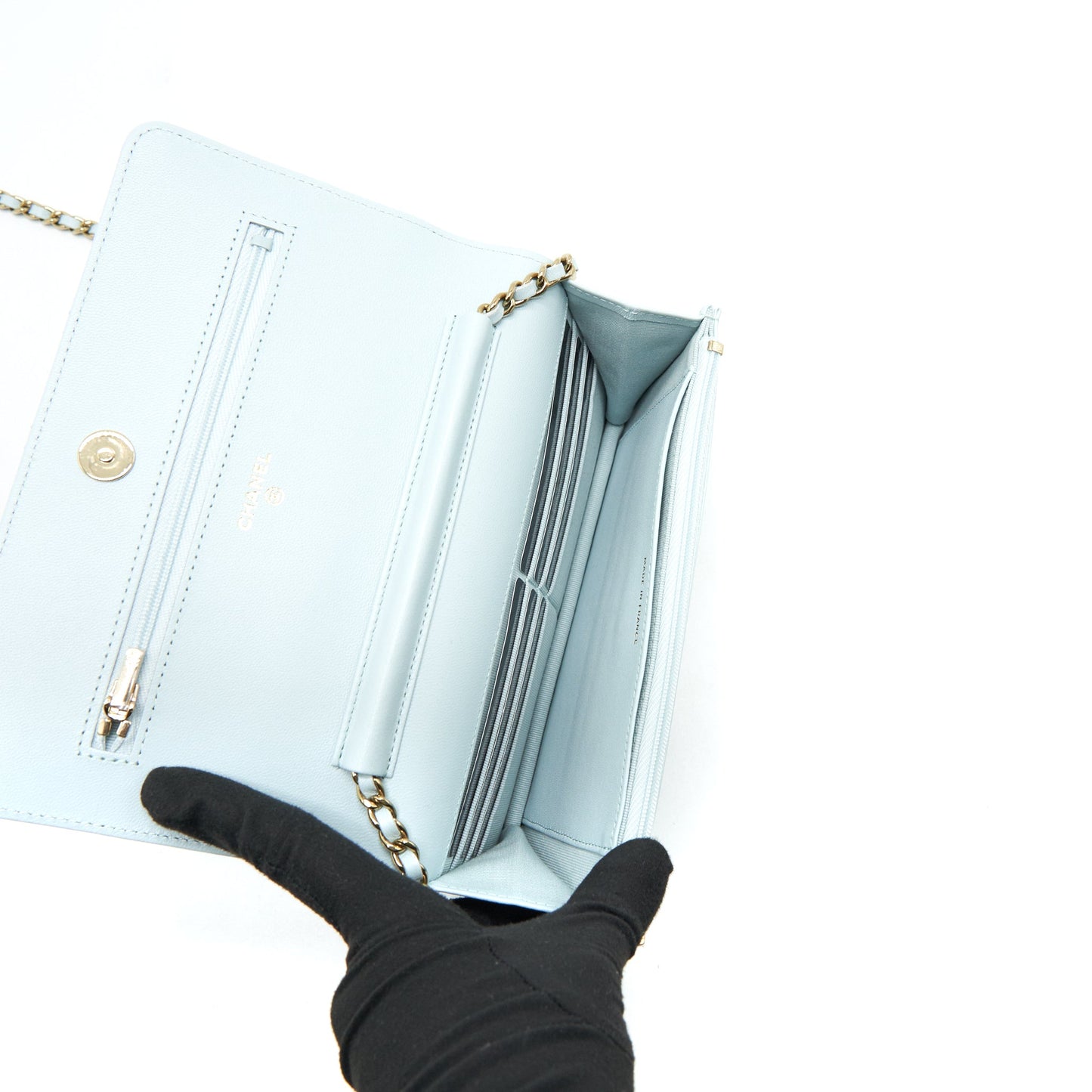 Chanel Ribbon Wallet on chain lambskin light blue LGHW