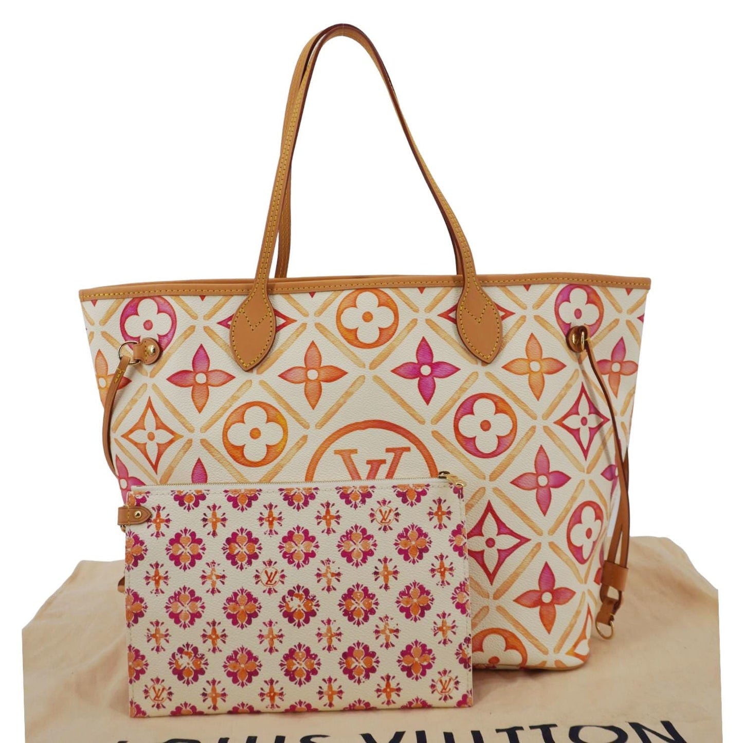 LOUIS VUITTON Neverfull MM Watercolor Monogram Tiles Canvas Shoulder Bag Coral